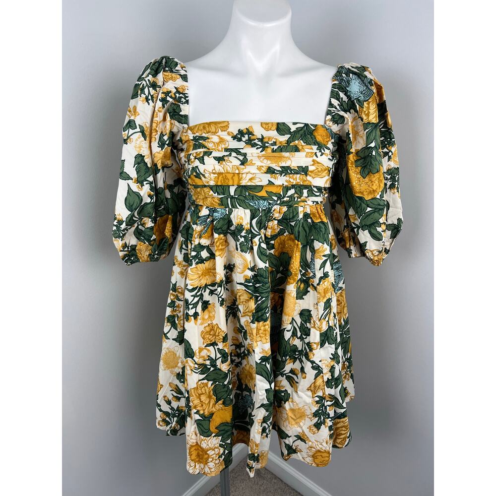 Abercrombie & Fitch Yellow Green Floral Puff-Sleeve Mini Dress